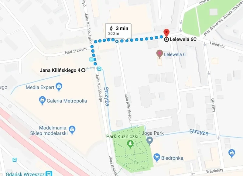 Dojście pieszo z parkingu Galerii Metropolia do Gdańskiej Kliniki Flebologii przy ul. Lelewela 6C/1