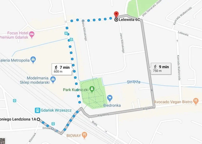 Trasa dojścia z przystanku SKM Gdańsk Wrzeszcz do Gdańskiej Kliniki Flebologii